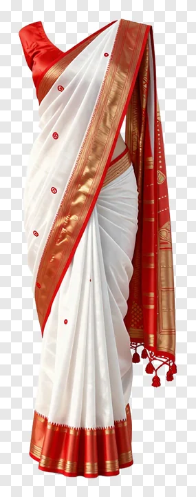 White and red Bengali saree with gold trim and tassels.