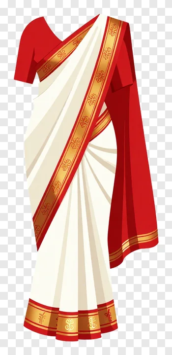 A white and red saree with gold border details.