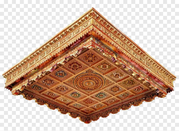 A carved wooden pandal ceiling with floral patterns.