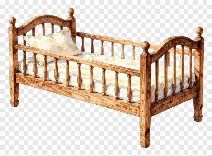 A wooden cradle with floral bedding and rounded posts.