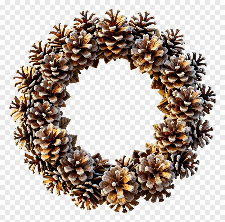 A dense wreath of frosted pinecones.