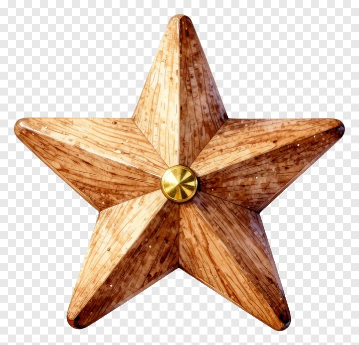A wooden star with a brass center.