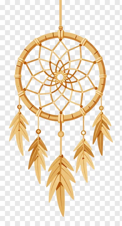 A woven bamboo dreamcatcher with feathers hanging from its frame.