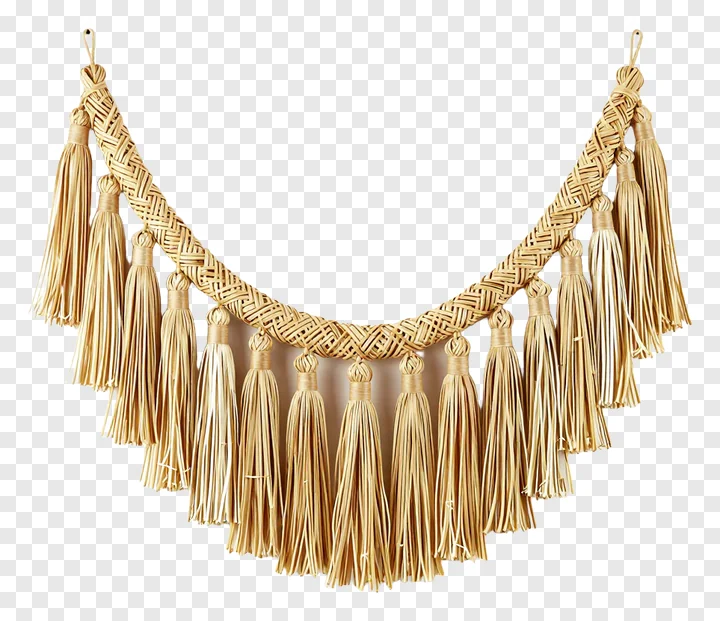 Woven bamboo tassel garland with hanging fringe.