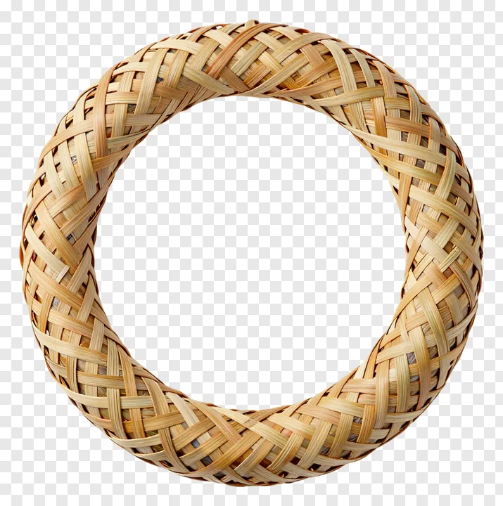 Circular woven bamboo wreath with interlaced strips.