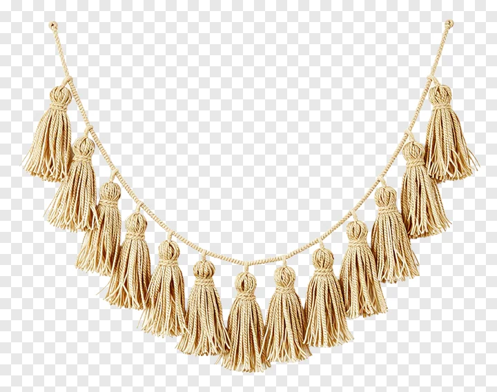 A woven rattan tassel garland hanging in a curve.