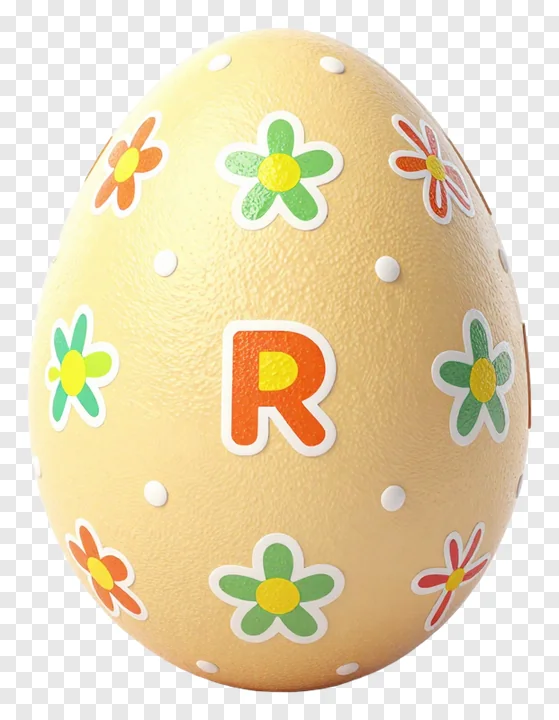 Yellow Easter egg with floral patterns and the letter R.
