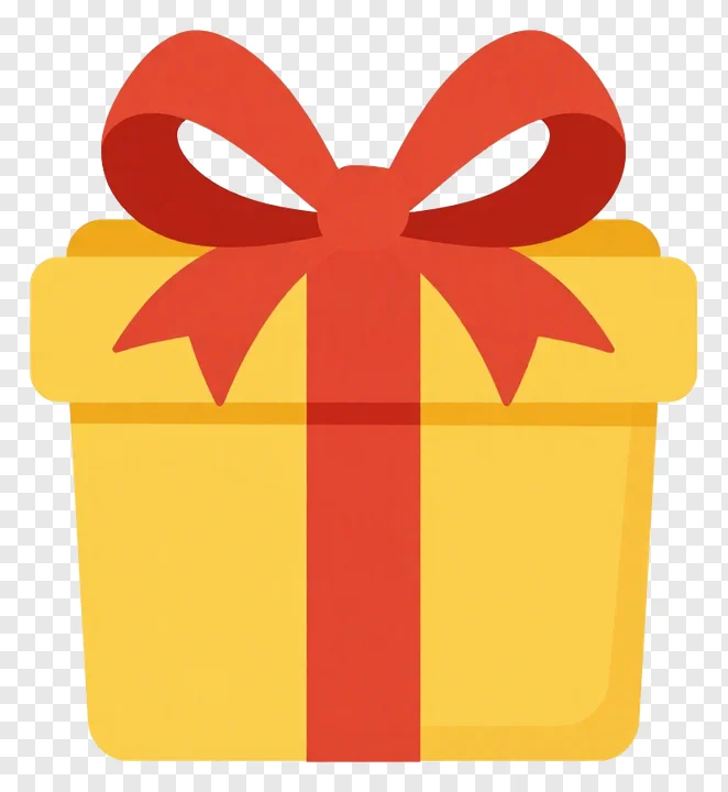 A yellow gift box with a red bow.
