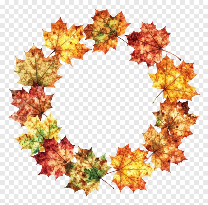 Circular wreath of autumn maple leaves in watercolor style.