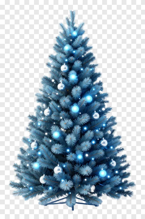 A blue Christmas tree with lights and ornaments.