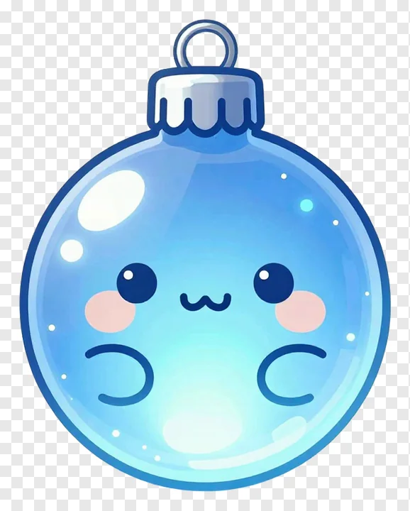 A blue glowing Christmas ornament with a happy face.