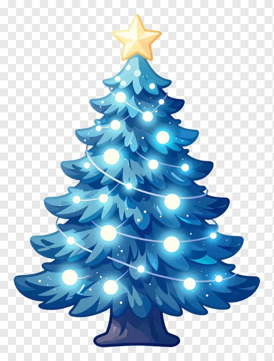 A blue Christmas tree with glowing lights and a star on top.