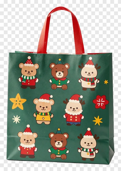 A green Christmas shopping bag with cartoon bears and stars.
