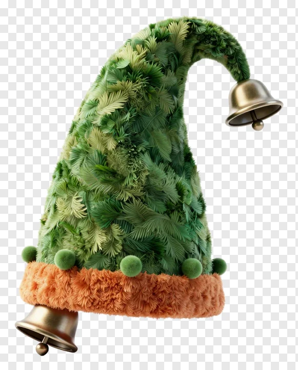 An elf hat made of green leaves with orange trim and bells.