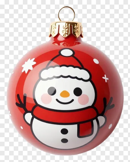 A red Christmas ornament with a snowman design.