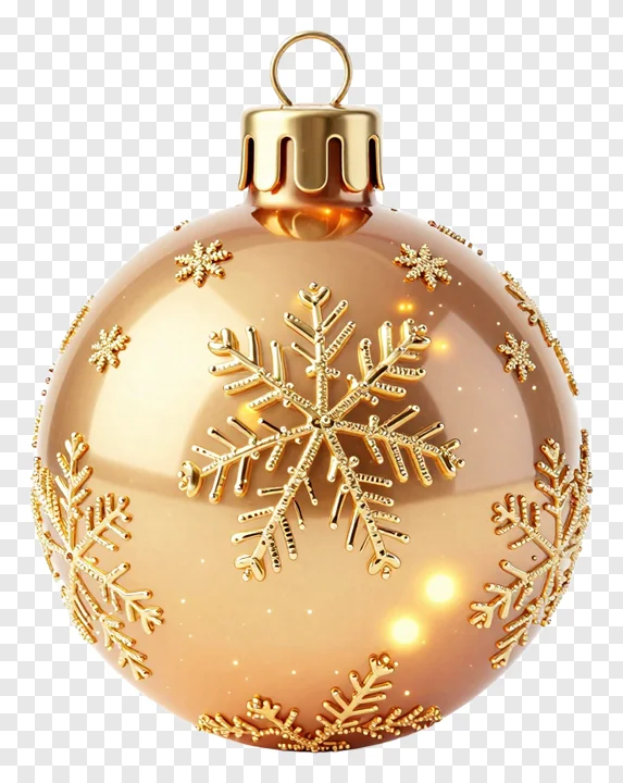 A glowing copper Christmas ornament with snowflake designs.