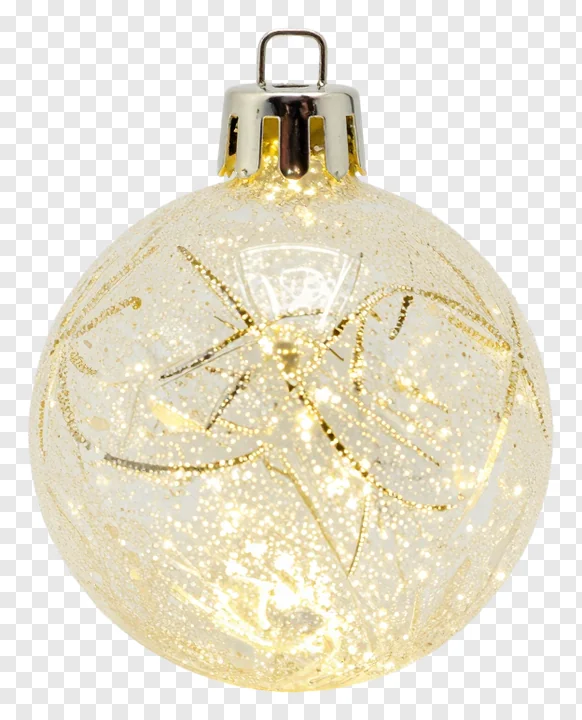 A glowing gold Christmas ornament with glitter.