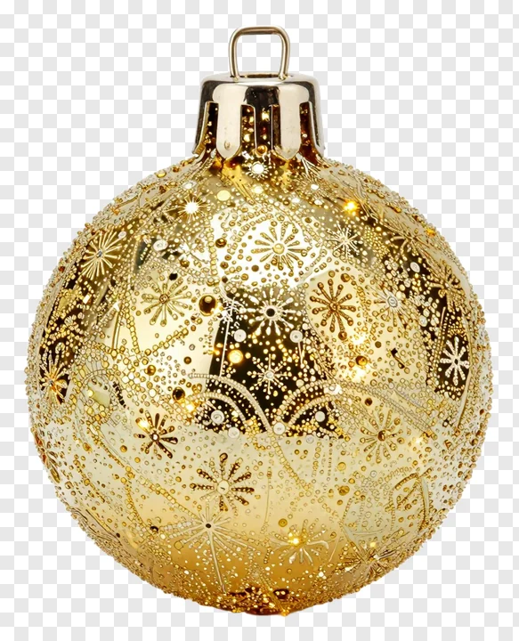 A glowing gold Christmas ornament with intricate patterns.