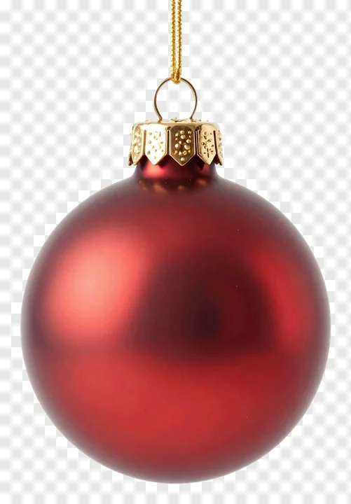 A red Christmas bauble with a gold cap hanging by a string.