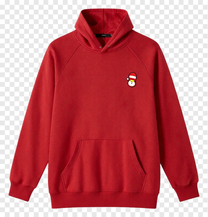 Red holiday hoodie with snowman design.