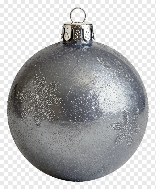 Silver Christmas bauble with frost texture and snowflake designs.