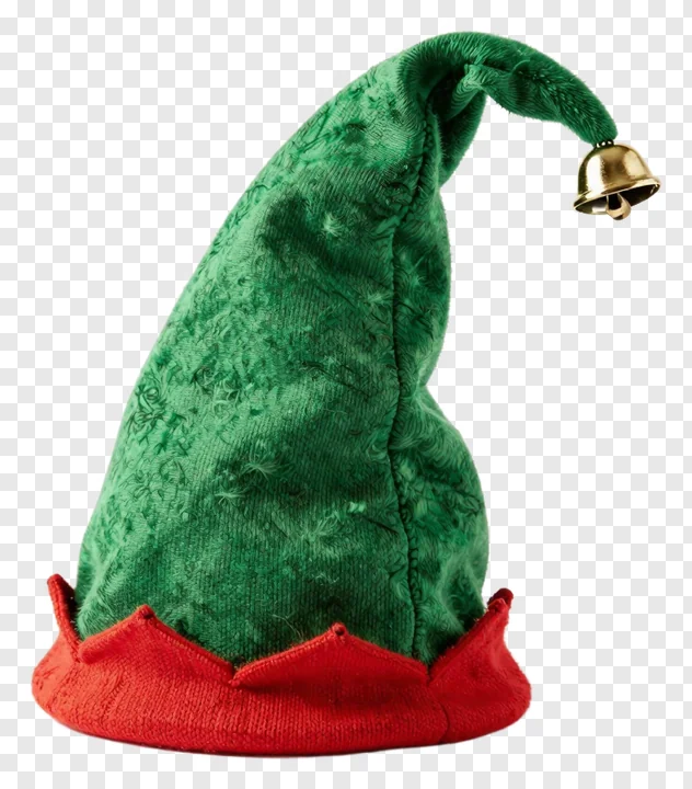A green velvet elf hat with a red brim and a golden bell.