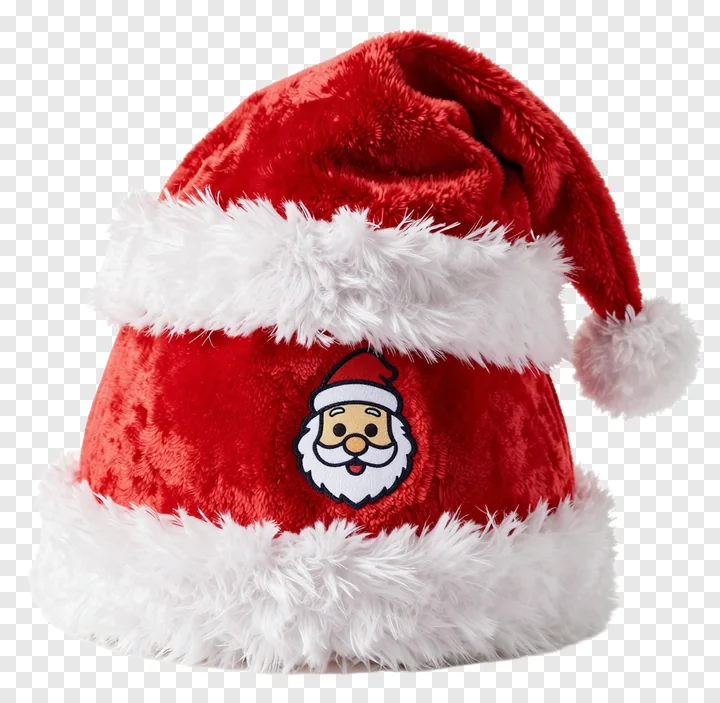 A red velvet Santa hat with white fur trim and a small Santa face emblem.