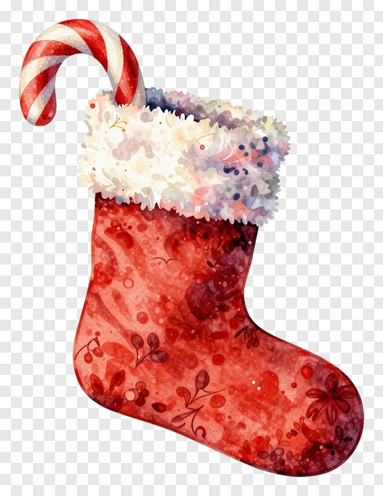 A watercolor-style red Christmas stocking with a candy cane.