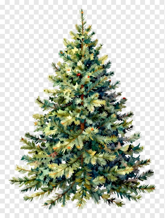 A watercolor-style Christmas tree with faint lights.