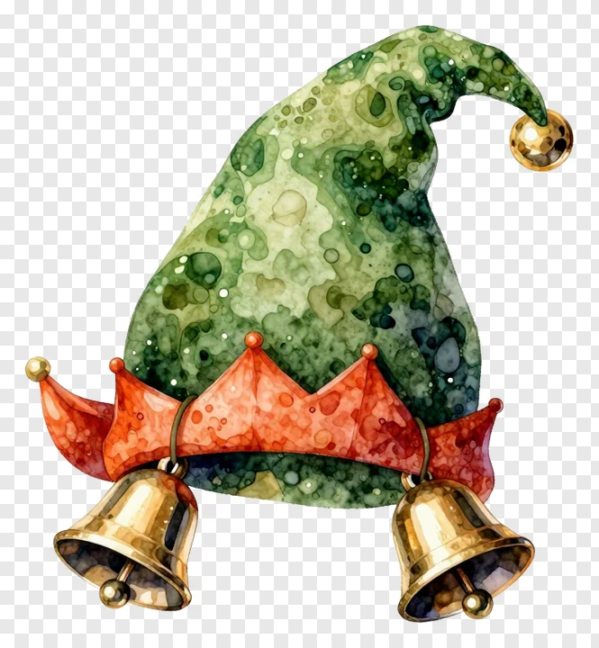 A watercolor-style elf hat with bells.