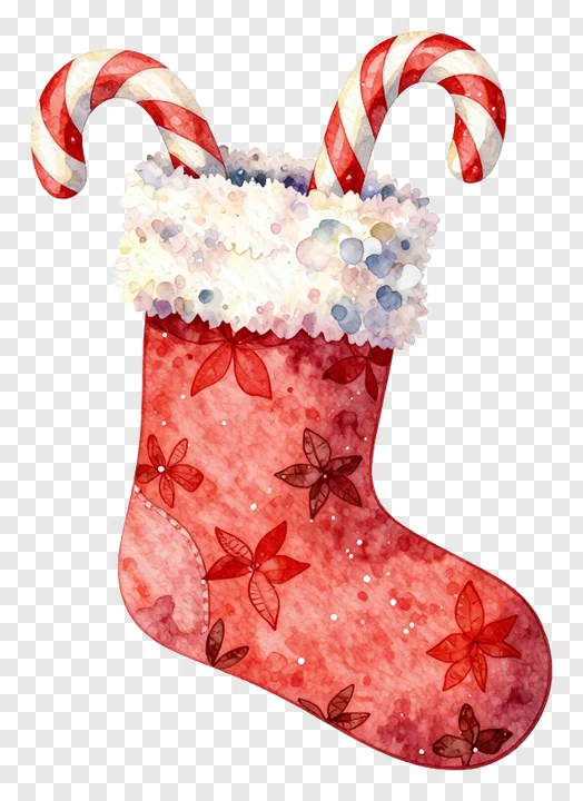 A red watercolor Christmas stocking with candy canes.