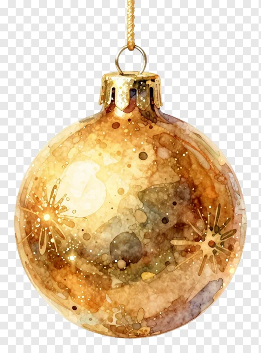 A watercolor-style Christmas bauble with golden and brown hues.