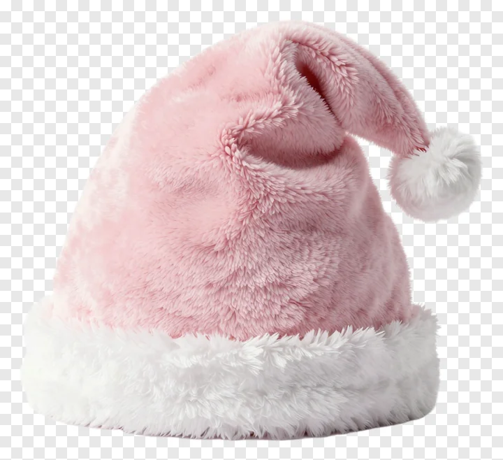A pink fuzzy Santa hat with white trim and pom-pom.