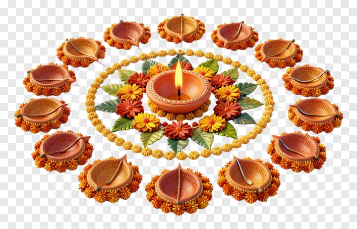 A circular arrangement of terracotta diyas with flowers and leaves.