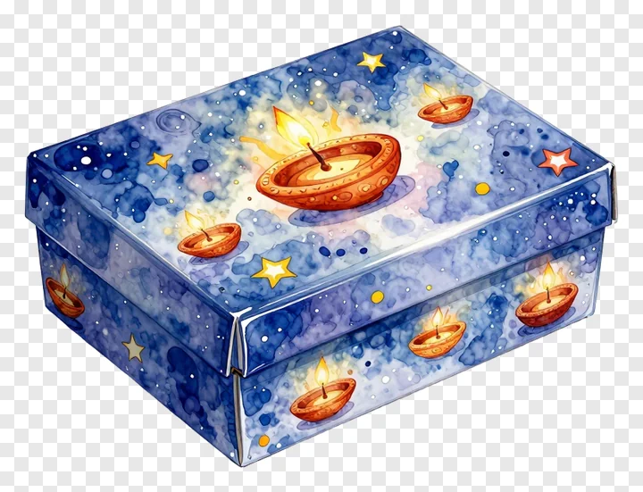 A blue gift box with star and diya designs.