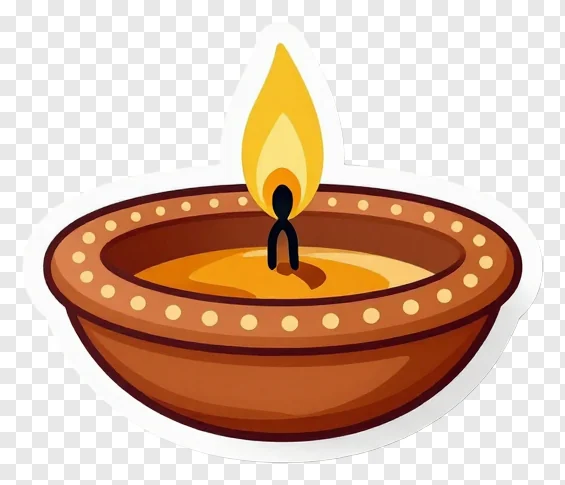 A cartoon terracotta diya with a flame.