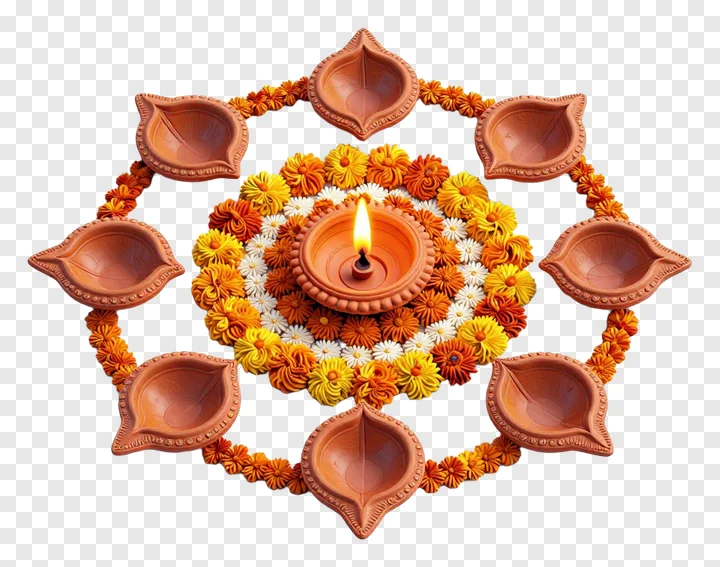 Circular arrangement of terracotta oil lamps with flowers around a burning center lamp.
