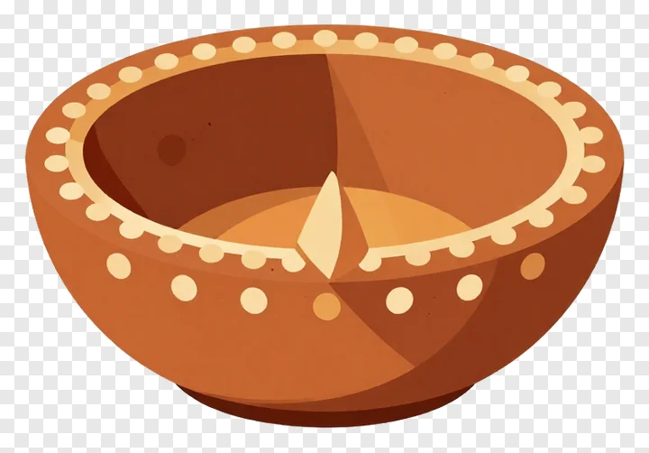 A decorated clay diya with a beaded rim and lit wick.