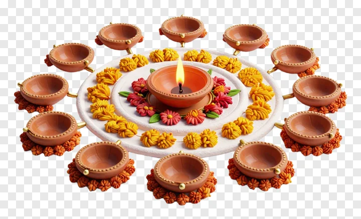 Circular terracotta diya arrangement with a lit center diya.