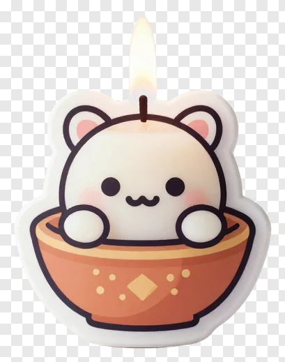 A lit candle shaped like a bear in a bowl.