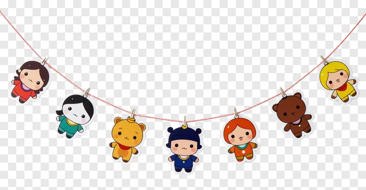A garland with seven cute cartoon characters hanging on a red string.