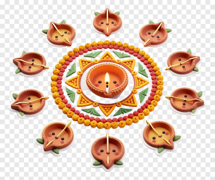 Circular rangoli design with smiling diyas.