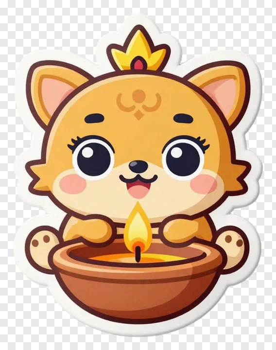 A cute cartoon fox holding a lit diya.