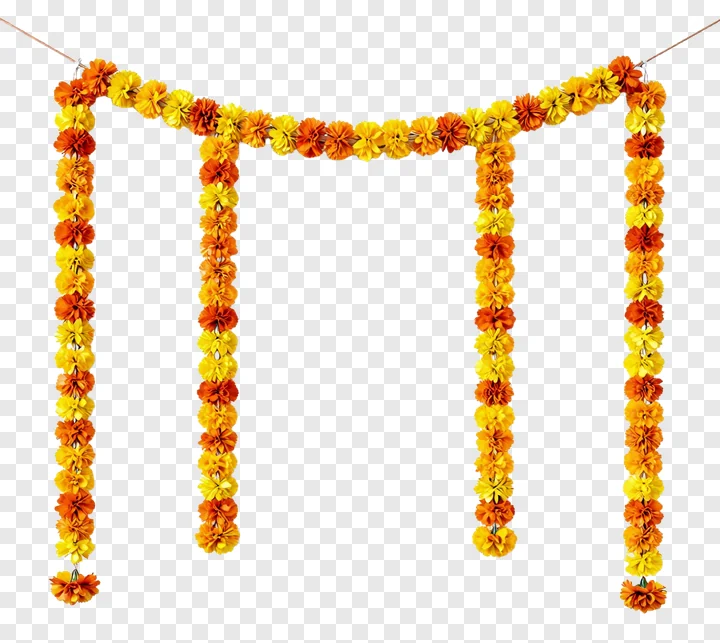 An M-shaped diwali garland made of orange and yellow flowers.