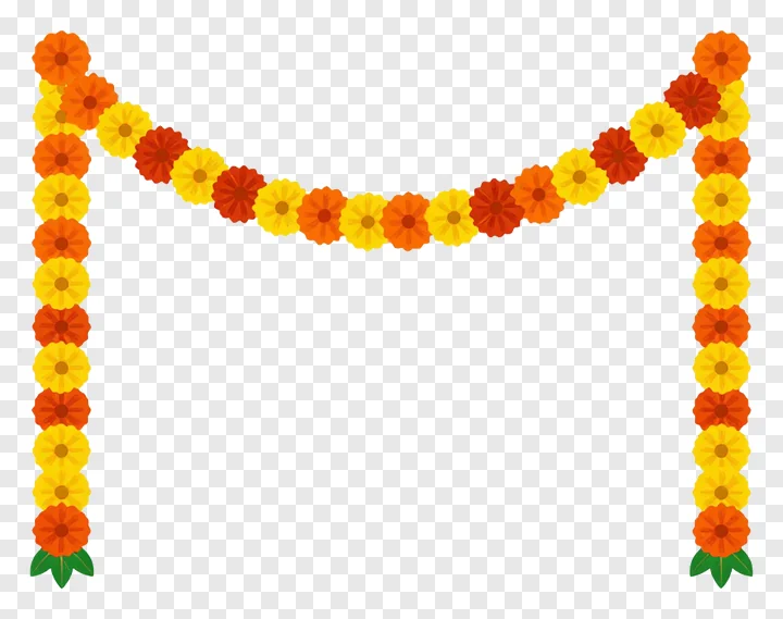 Diwali garland with orange, yellow flowers and green leaves.
