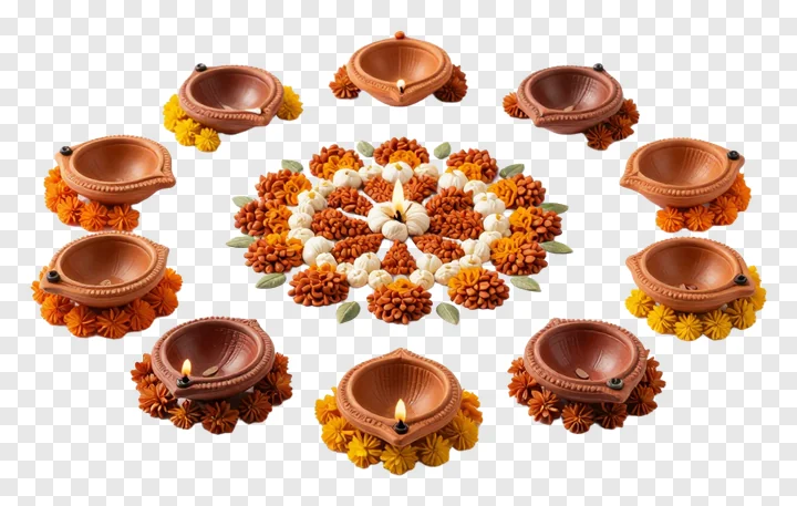 Diwali rangoli with nine lit clay oil lamps.