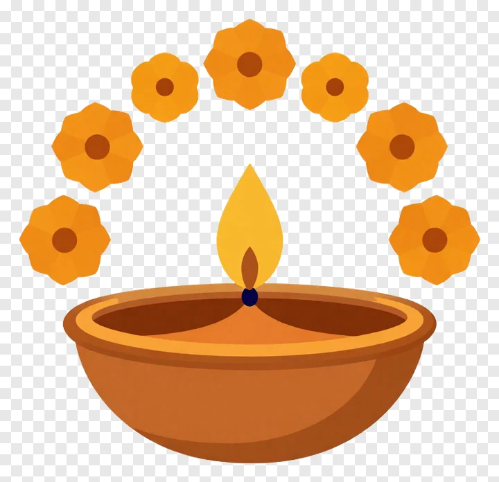 Diya with six orange flowers around it.