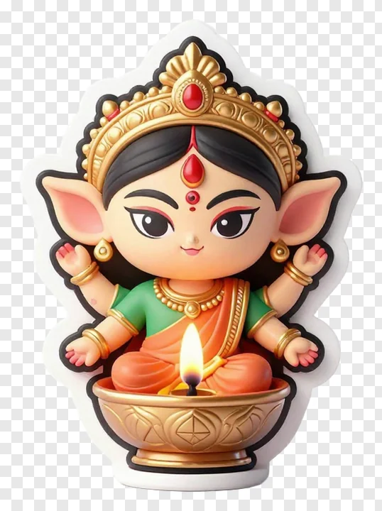 Cartoon Durga goddess on a lit diya lamp.