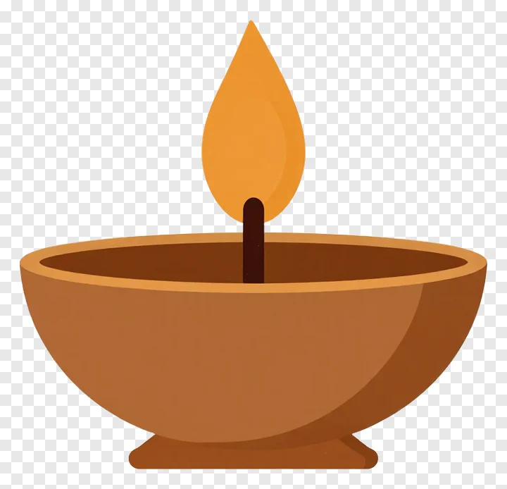 A flat-style diya lamp with an orange flame.