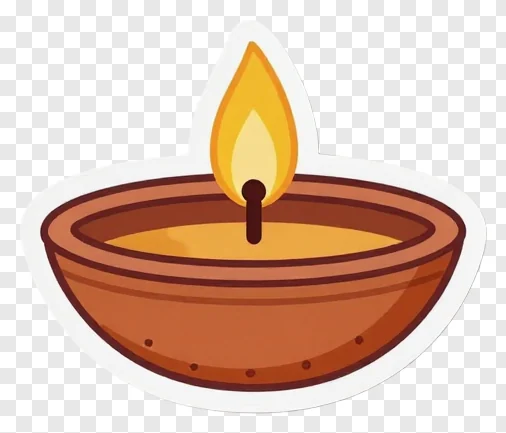A cartoon terracotta diya with a single flame.